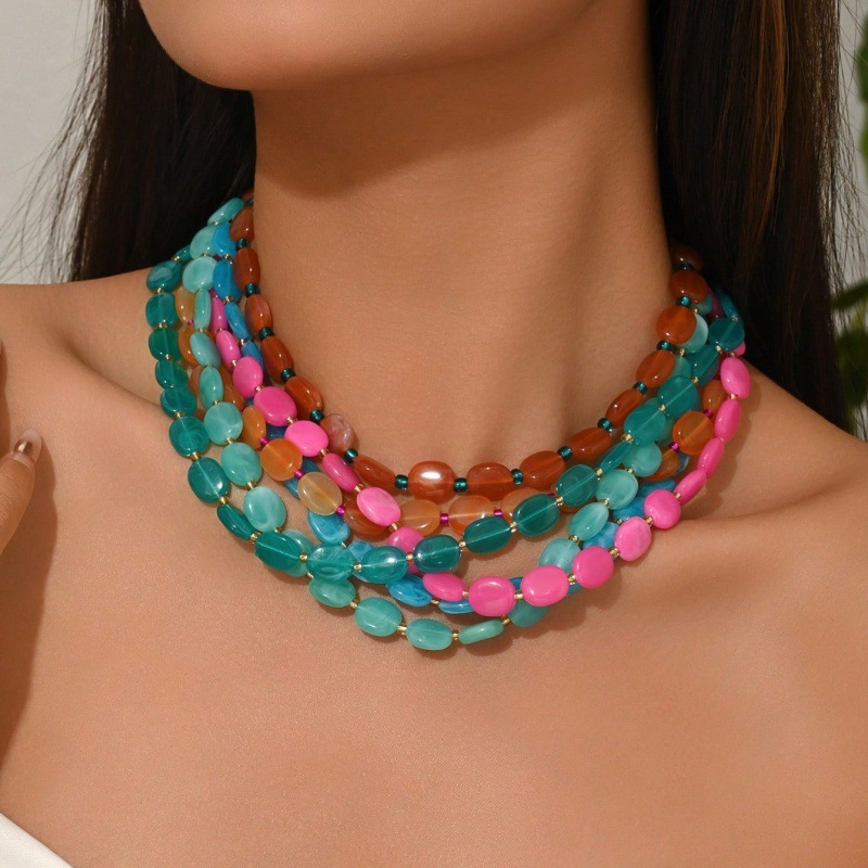 Resin Art Necklace - Statement Exaggerated Oval Colorful Bead Layer