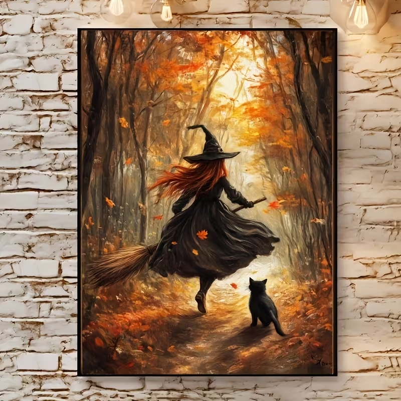 Resin Art On Canvas - Retro Alloween Autumn Witch On Broomstick